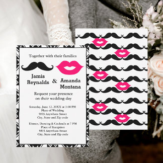 Black Mustache and Pink Lips Couple Wedding Invitation