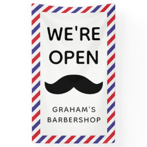 Black Mustache Barbershop Stripes Open Banner