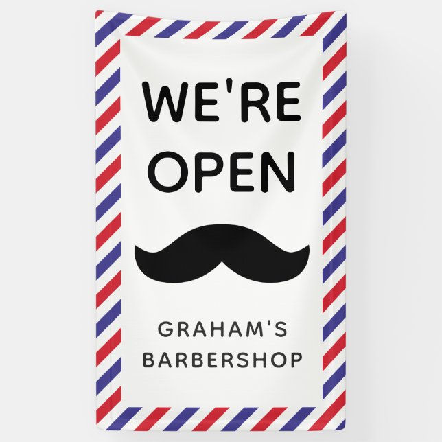 Black Mustache Barbershop Stripes Open Banner (Vertical)