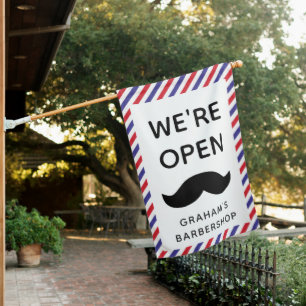 Black Mustache Barbershop Stripes Open House Flag