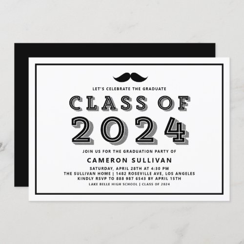 Black Mustache Class of 2024 Retro Graduation Invitation
