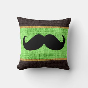 Black Mustache Mint Green Burlap Jute Background Throw Pillow