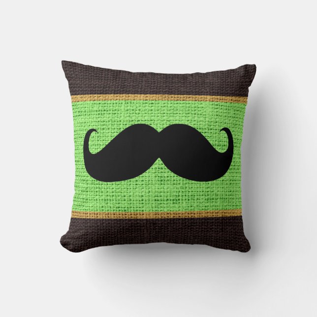 Black Mustache Mint Green Burlap Jute Background Throw Pillow (Front)