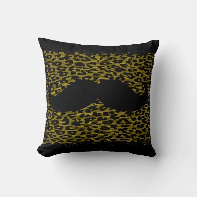 Black Mustache on Leopard Skin Throw Pillow (Front)
