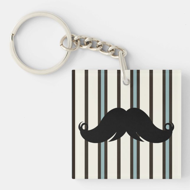 Black Mustache on Striped Pattern Keychain (Front)