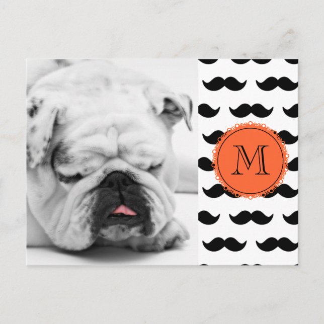 Black Mustache Pattern, Coral Monogram Postcard (Front)