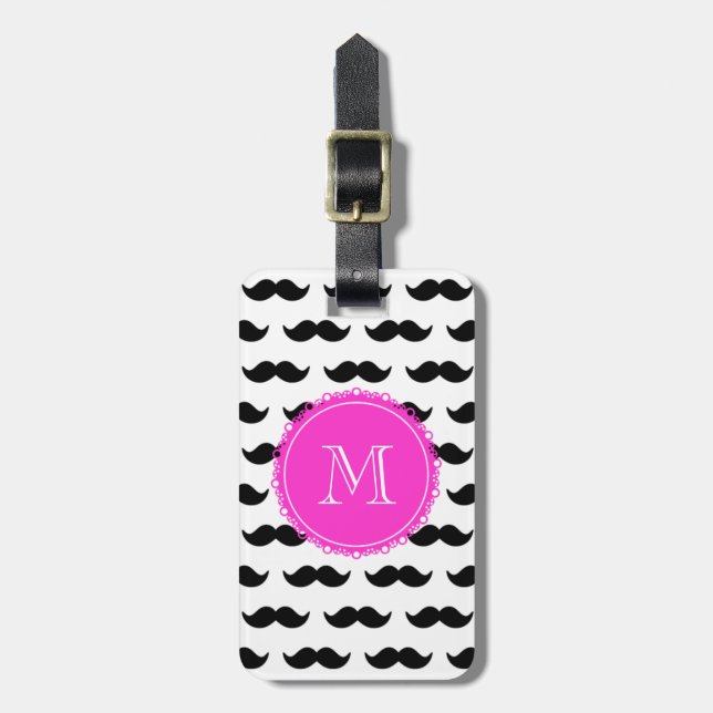 Black Mustache Pattern, Hot Pink Monogram Luggage Tag (Front Vertical)