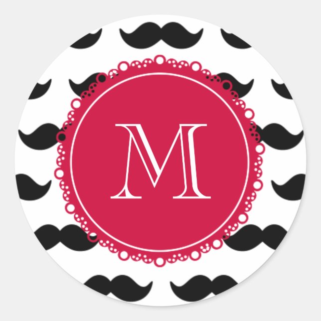 Black Mustache Pattern, Red Monogram Classic Round Sticker (Front)