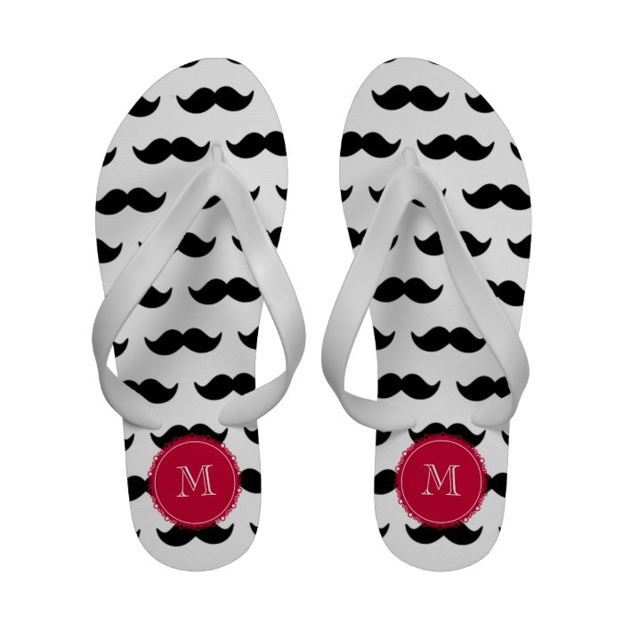 Black Mustache Pattern, Red Monogram Sandals