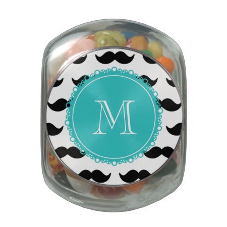 Black Mustache Pattern, Teal Monogram Jelly Belly Candy Jar