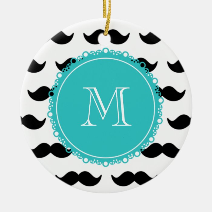 Black Mustache Pattern, Teal Monogram Christmas Tree Ornaments