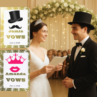 Black Mustache & Pink Lips Wedding Couple Gold Foil Vow Books