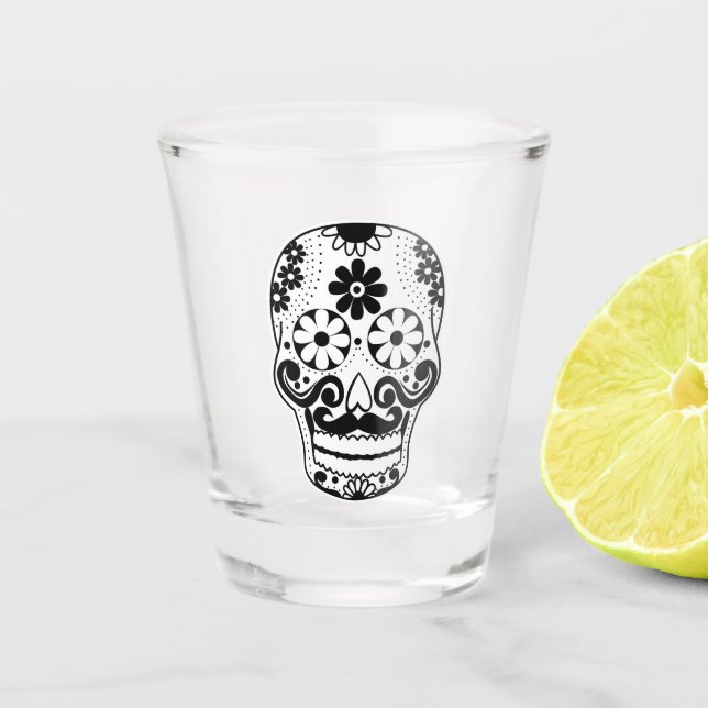 Black Mustached Sugar Skull Shot Glass (Front)