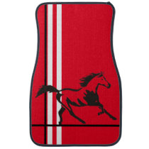Black Mustang Horse on Red w/White,Black Stripes Car Floor Mat Black Mustang Horse on Red w/White,Black Stripes Car Floor Mat