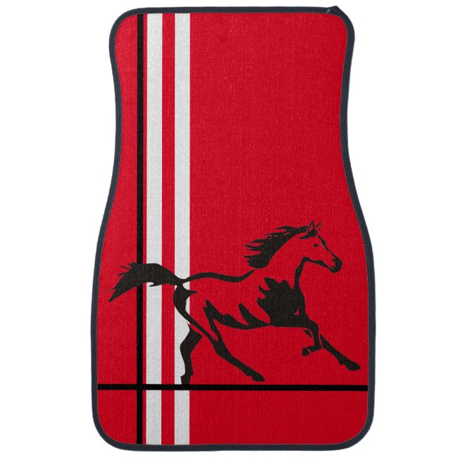 Black Mustang Horse on Red w/WhiteBlack Stripes Car Floor Mat
