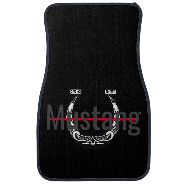 Black Mustang w/Ornate Horseshoe on Car Floor Mat (Front)
