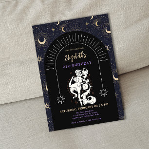 Black Mystic Aquarius Zodiac 21st Birthday Invitation