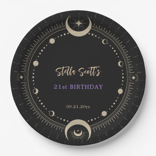Black Mystic Celestial Moon 21st Birthday  Paper Plates (Front)