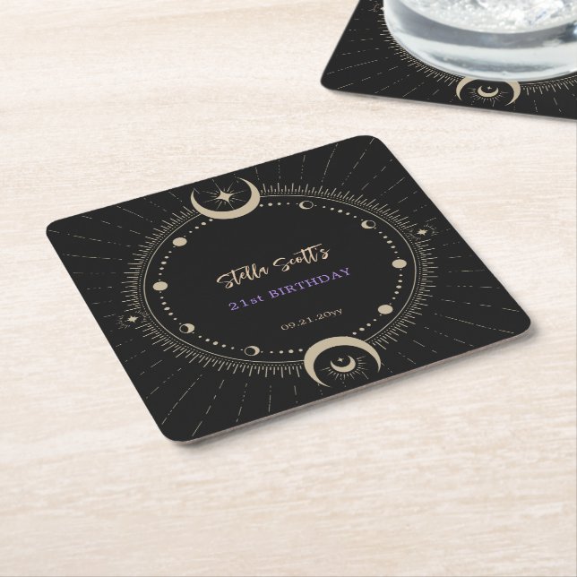 Black Mystic Celestial Moon 21st Birthday  Square Paper Coaster (Angled)