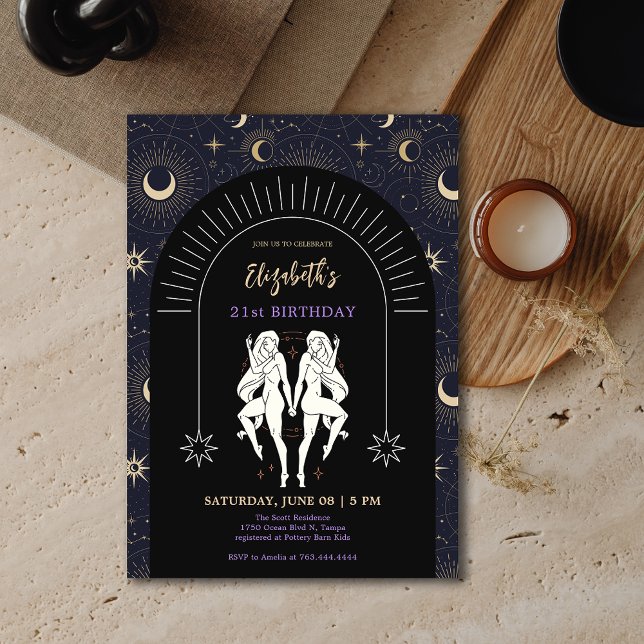 Black Mystic Gemini Zodiac 21st Birthday  Invitation (Black Mystic Gemini Zodiac 21st Birthday Invitation)