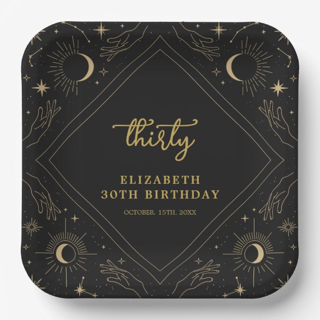 Black Mystic Horoscope Moon 30th Birthday Paper Plates (Front)