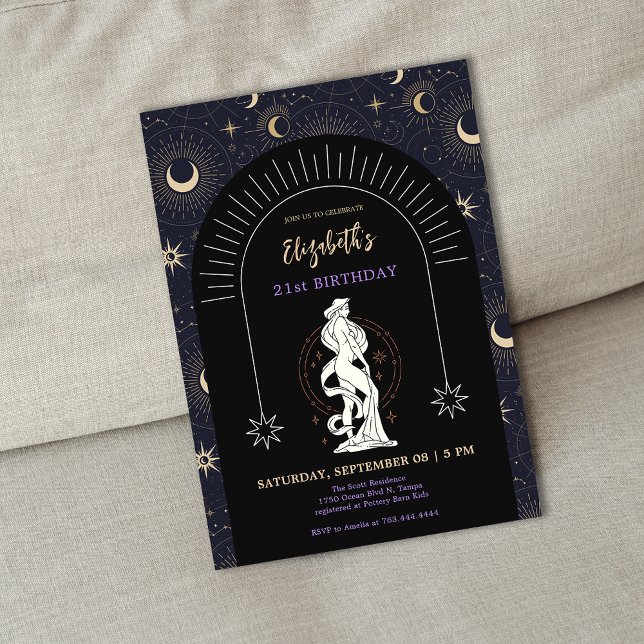 Black Mystic Virgo Zodiac 21st Birthday  Invitation (Black Mystic Virgo Zodiac 21st Birthday Invitation)
