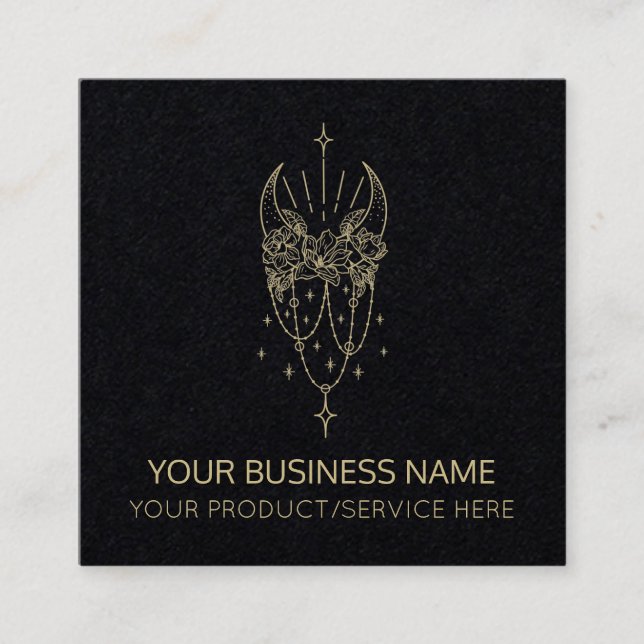Black Mystical Moon And Stars Square Business Card (Front)