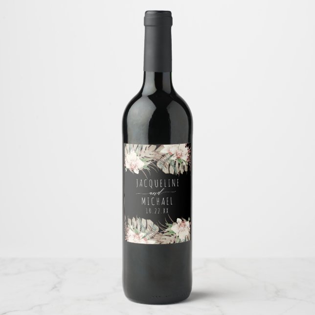 Black n Blush Orchid Floral Seaside Desert Wedding Wine Label (Front)