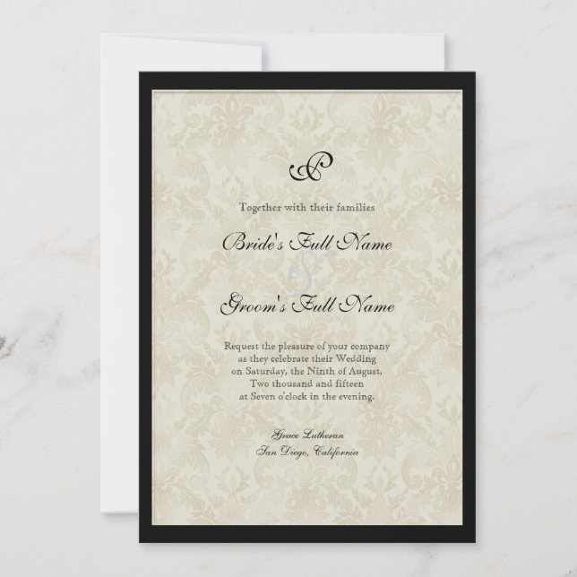 Black n Cream Fleur de Lis Damask Wedding Invitation (Front)