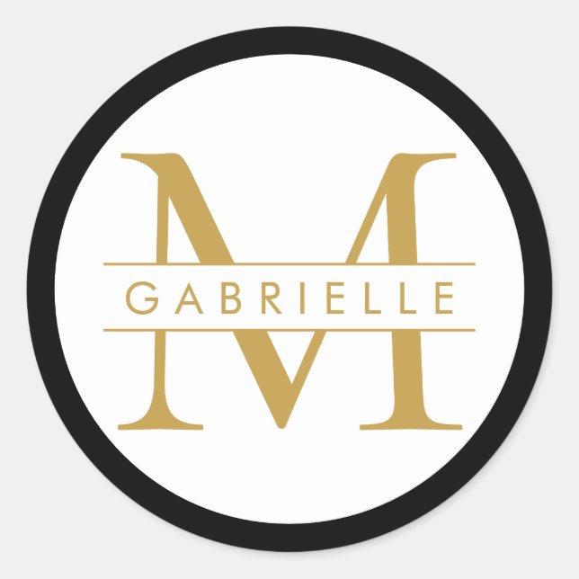 Black n Gold Border Monogram Favor Sticker Label (Front)