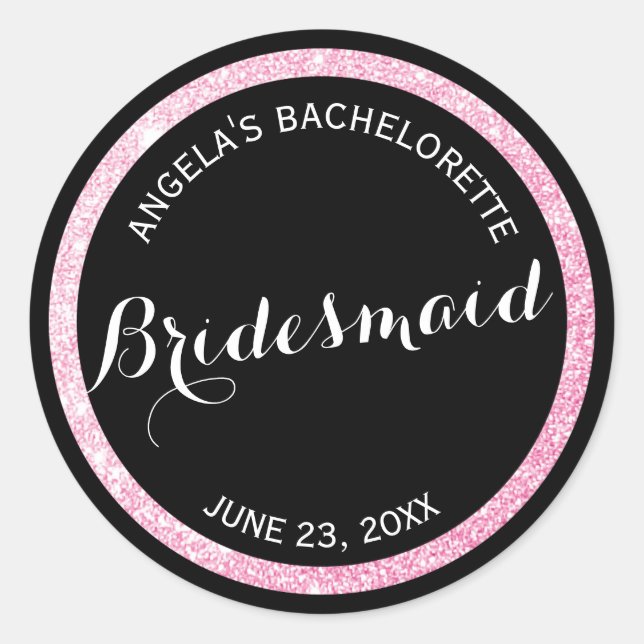 Black n Pink Glitter Matron of Honor Bachelorette Classic Round Sticker (Front)