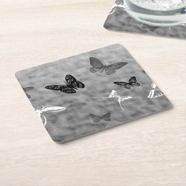 Black n White Butterflies Paper Coaster (Angled)