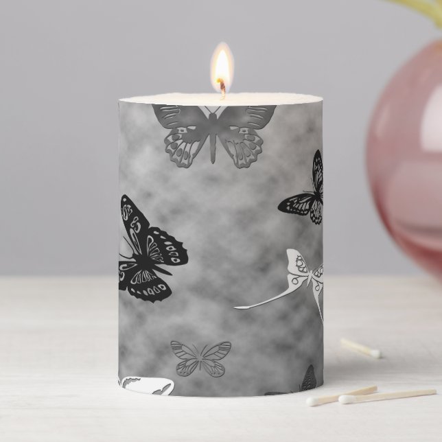 Black n White Butterflies Pillar Candle (In Situ)