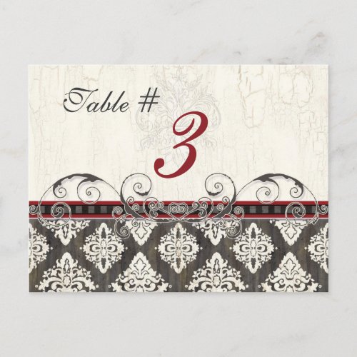Black n White Damask red Table Card Number