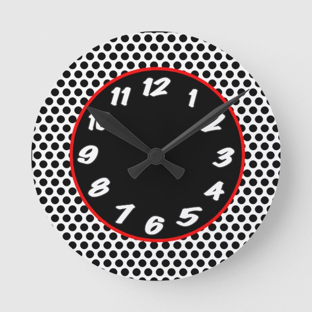Black N White Dots With Red Accent Retro Round Clock (Front)