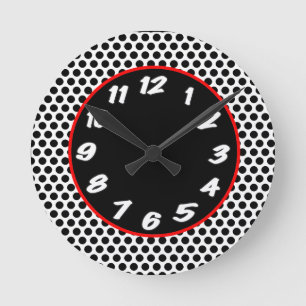 Black N White Dots With Red Accent Retro Round Clock