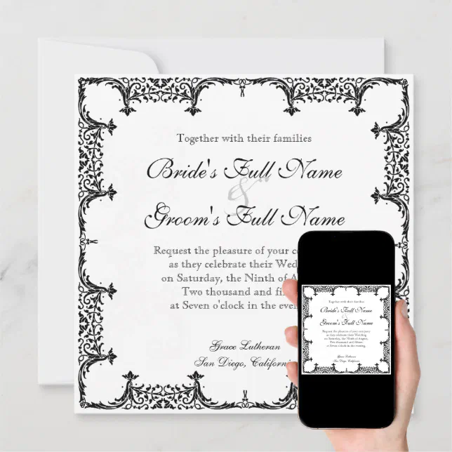 Black n White Fleur de Lis Damask Wedding Invitation | Zazzle