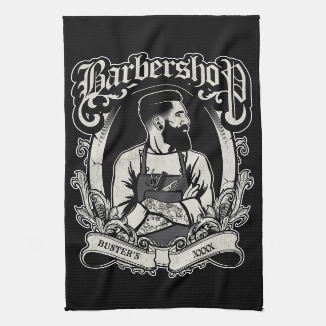 Black-n-White Hipster Barbershop Personalize Kitchen Towel (Vertical)