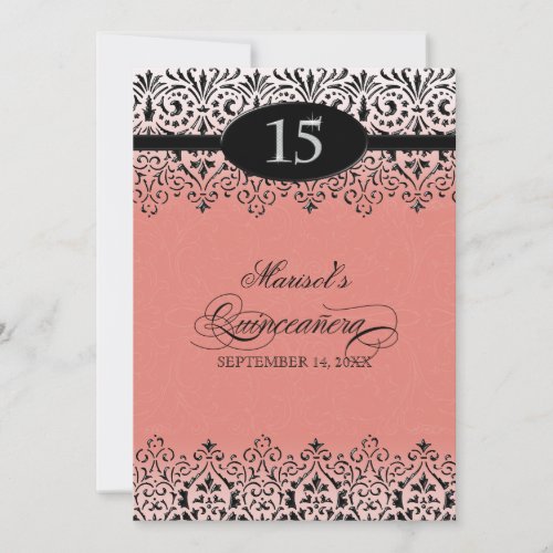 Black n White Lace Look Silver 15th Quinceanera Invitation