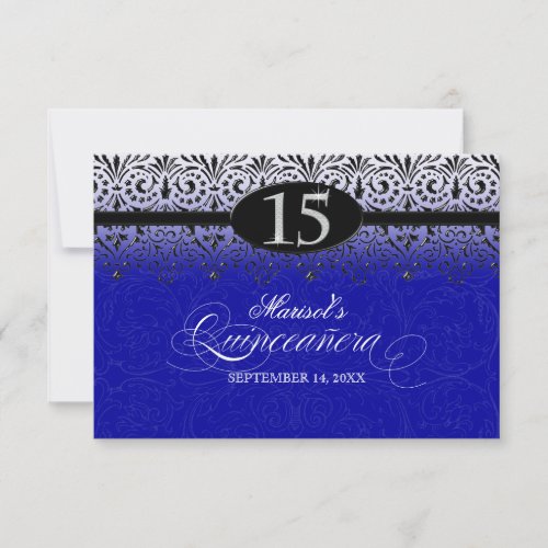 Black n White Lace Look Silver 15th Quinceanera Invitation