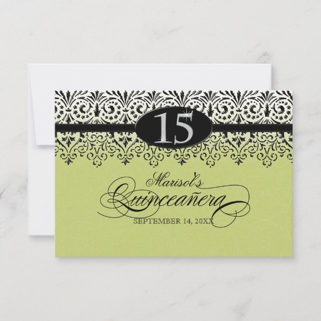 Black n White Lace Look Silver 15th Quinceanera Invitation (Front)