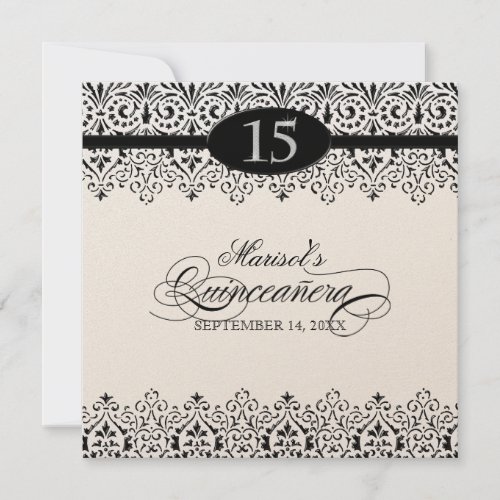 Black n White Lace Look Silver 15th Quinceanera Invitation