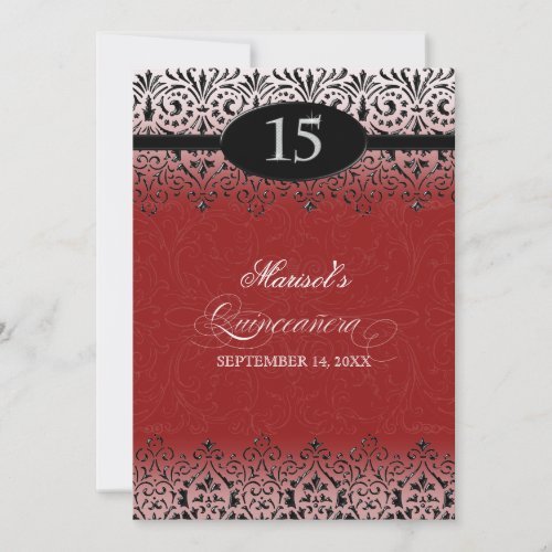 Black n White Lace Look Silver 15th Quinceanera Invitation