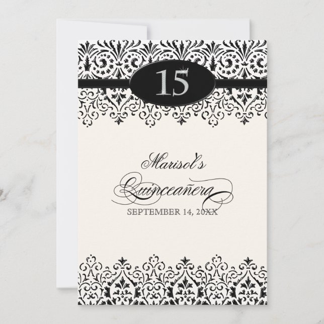 Black n White Lace Look Silver 15th Quinceanera Invitation (Front)