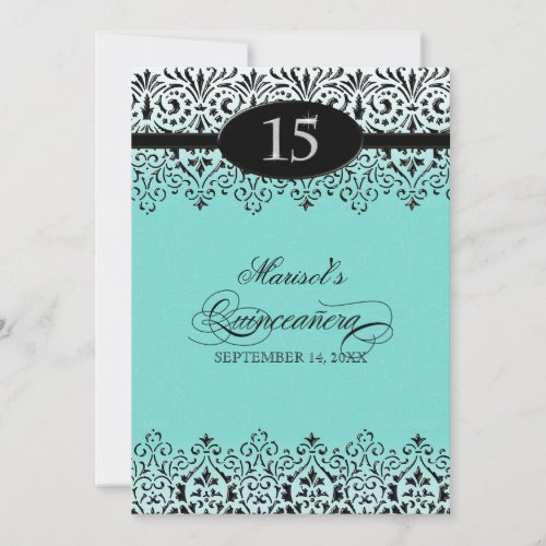 Black n White Lace Look Silver 15th Quinceanera Invitation