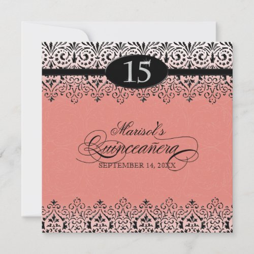 Black n White Lace Look Silver 15th Quinceanera Invitation