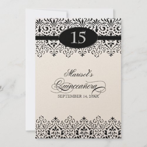 Black n White Lace Look Silver 15th Quinceanera Invitation