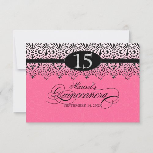 Black n White Lace Look Silver 15th Quinceanera RSVP Card