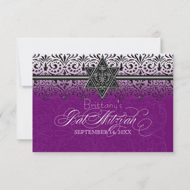 Black n White Lace Look Silver Bat Mitzvah Invite (Front)