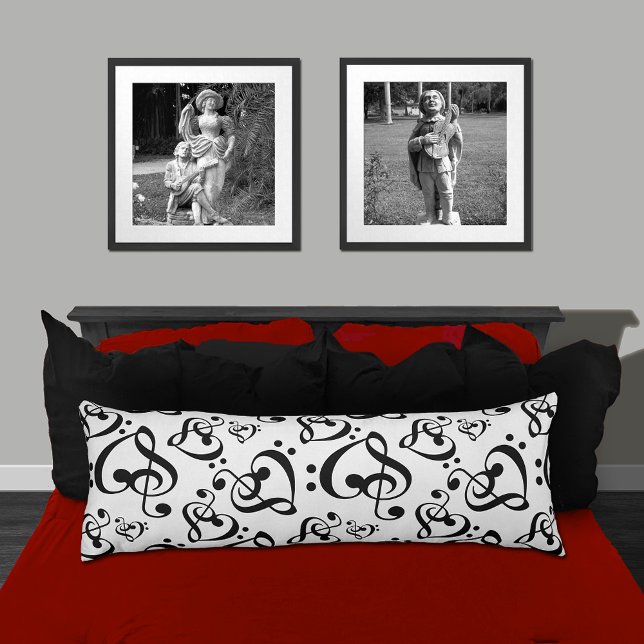 Black N White Music Clef Heart Pattern Double Side Body Pillow (Creator Uploaded)